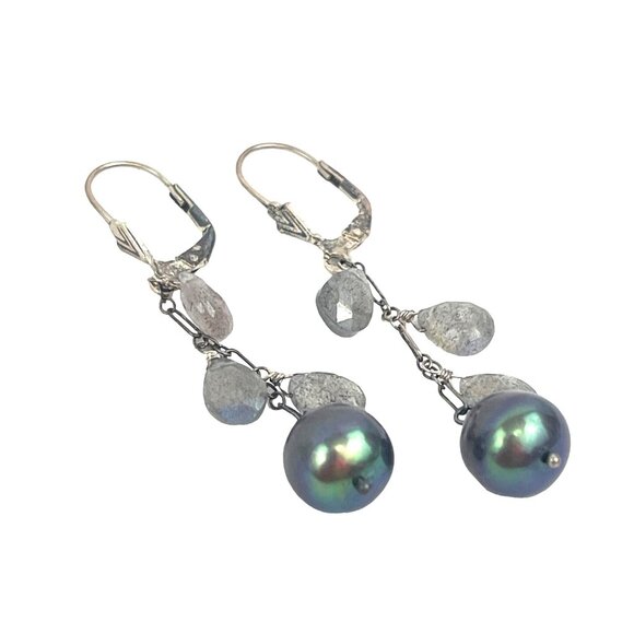 Sterling Silver Drop Earrings With Olive Grey Black Pearls and Labradorite Stone - Picture 5 of 9
